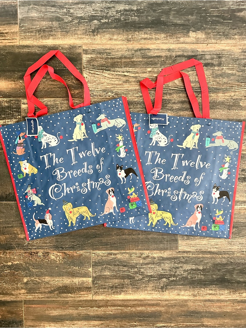 Two Christmas Holiday Dog Print Tote Bag - Blue & Red Polka Dot